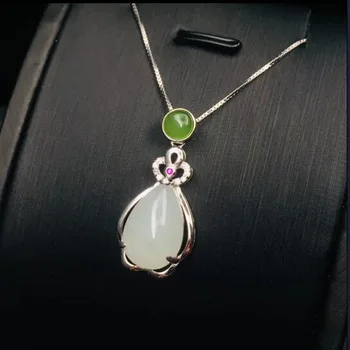 

Real 925 silver natural Hetian white jade green beads lady clavicle pendant for women fine jewelry