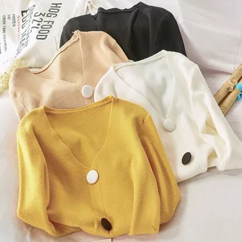 

Candy Color Sweater Coat Knitted Cardigan Yellow Black White Loose Autumn 2019 Femme Korean Style Sweater