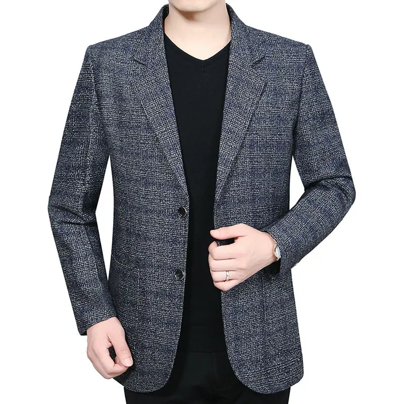 Man Elegant Wool Blazer Yellow Blue Plaid Pattern Woollen Blend Jacket Suits Male Business Smart Casual Notched Blazers Autumn