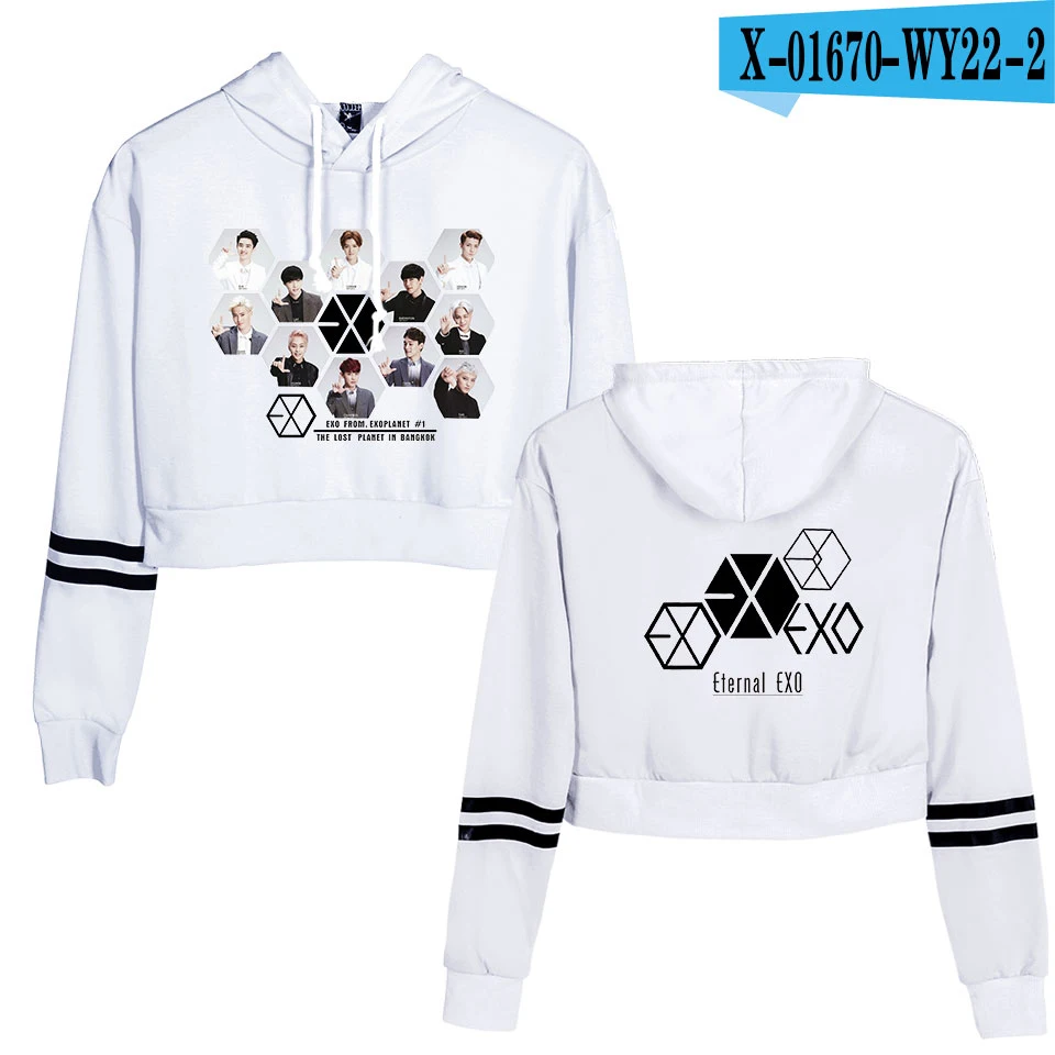 Осень Зима KPOP EXO Сексуальная укороченная Толстовка для женщин с длинным рукавом Harajuku уличная EXO Kpop PLANET#5 альбом с капюшоном топы женские - Цвет: white