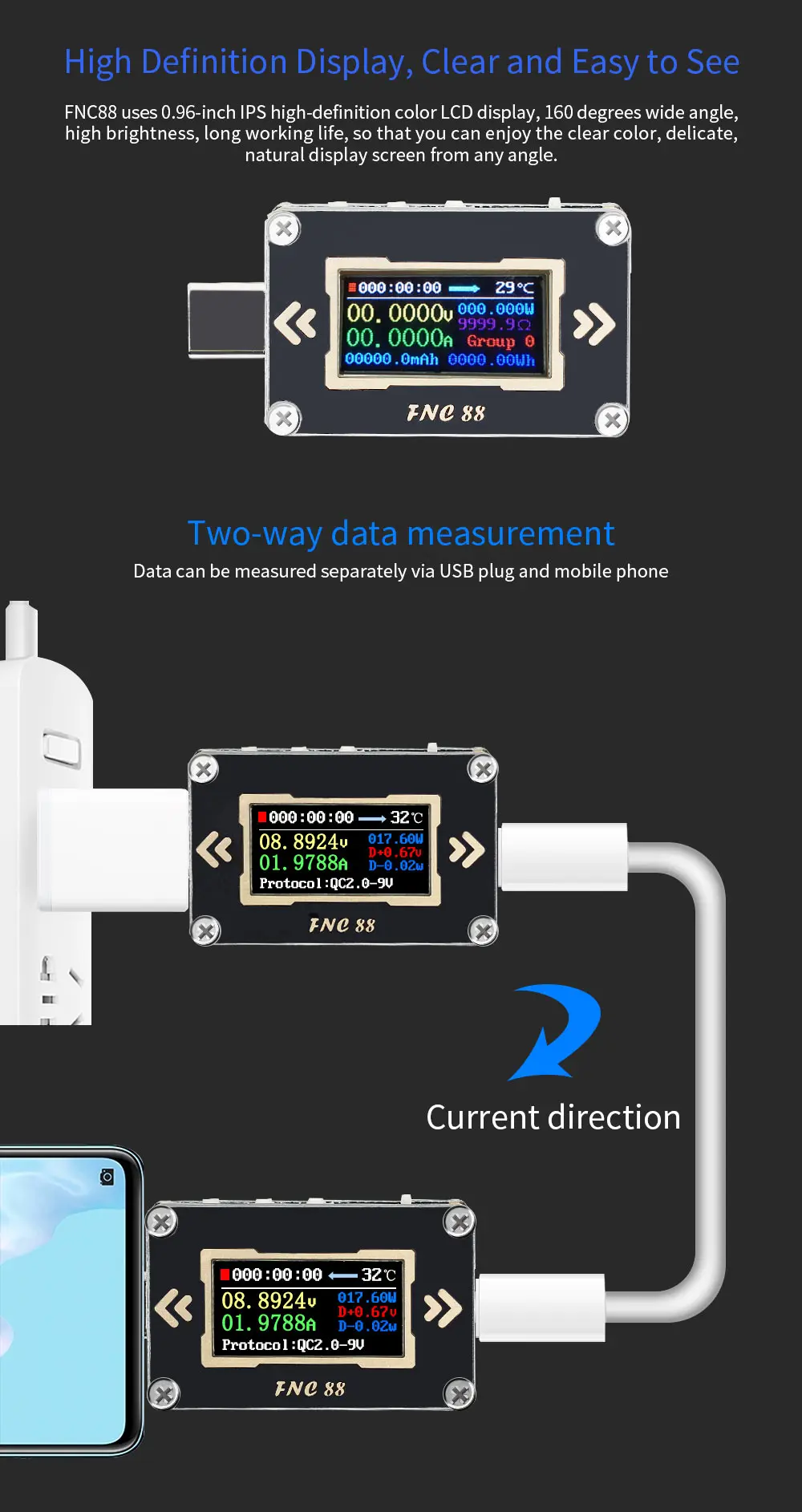 FNC88 New Type-C PD trigger USB-C Voltmeter ammeter voltage 2 way current meter multimeter PD charger battery USB Tester