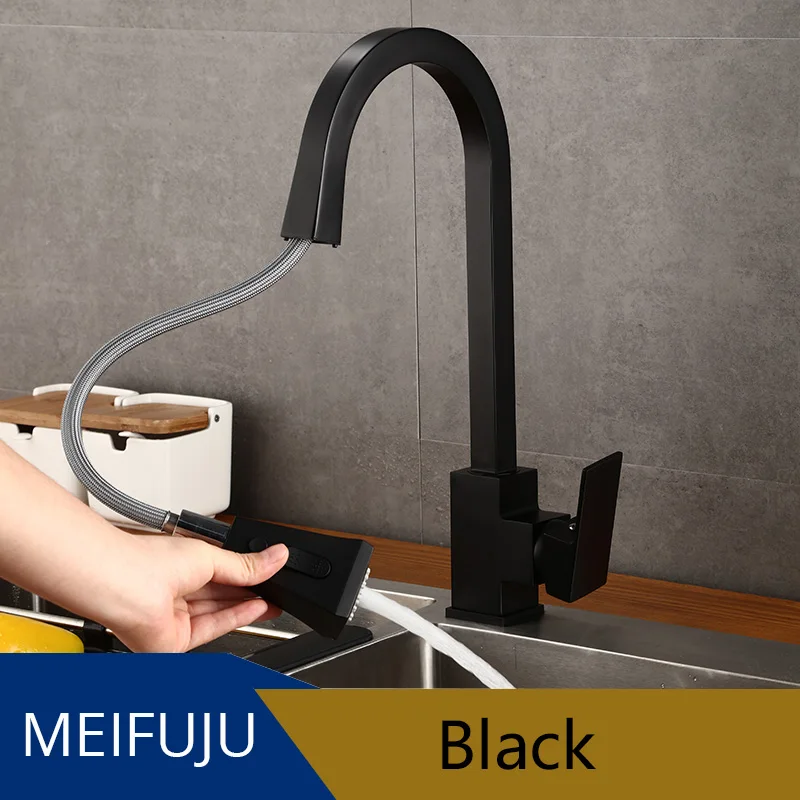 Выдвижной кухонный кран черный хром белый смеситель для раковины кран с вращением на 360 градусов кухонный смеситель кран настенный - Цвет: Black