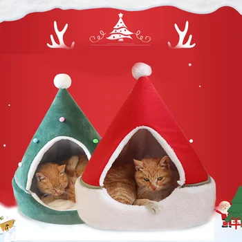 

Christmas Cat Bed House New Year Soft Warm Nest Bed Dog Cat Christmas Tree Shape Pet Cat House Home NEW YEAR Warm Sleeping Bed
