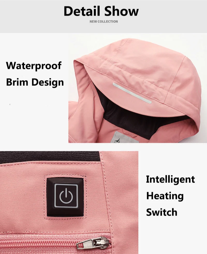 A waterproof pink hooded jacket with an intelligent USB heating switch.