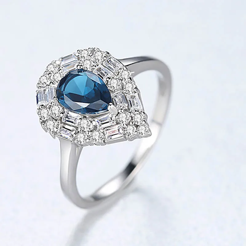 Jellystory 925 пробы серебряные кольца для женщин в форме капли воды AAA циркон кольцо с камнями свадебные подарки ювелирные изделия - Цвет камня: JS-YMR495BL