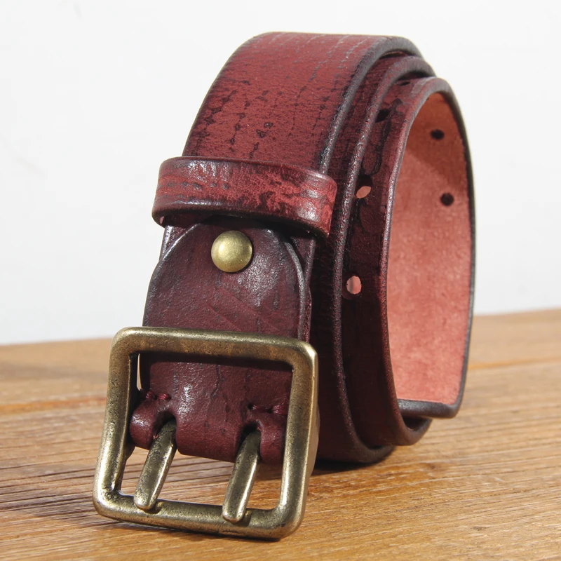 Luxury Men's 3.8cm Wide Double Breasted Belt 100% Cowhide Double Prong Buckle Handmade Heavy Duty Belt Fashion Jeans Belt Brown