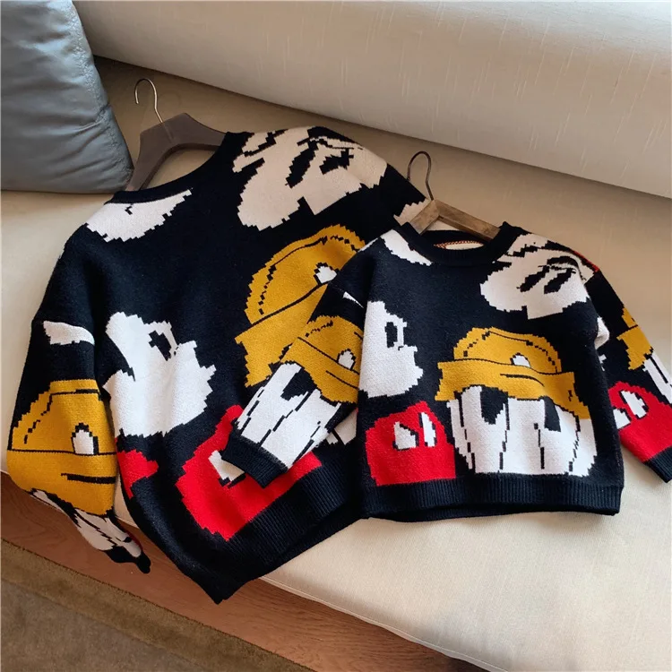 Family Look Cartoon Sweaters Mother Daughter Matching Sweater Mommy and Me Clothes Women Girls/Boys Mom Mum and Baby Sweatshirts - Цвет: BR-Sweater (Black)