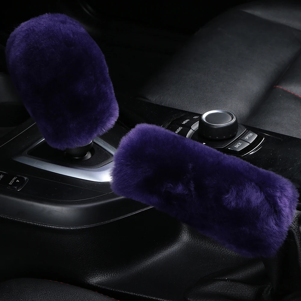 1 Set Lilac Purple OGLAND, цветной, настоящий, пушистый, овчина, для автомобиля, переключатель уровня переключения передач, ручка, крышка, рукав, подходит для автомобиля, аксессуары, меховой гандбол - Название цвета: 1 Set Lilac Purple