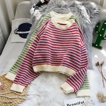 

2020 winter new striped knitted women sweater and pullovers long-sleeved short high waist casual all match female pulls tops