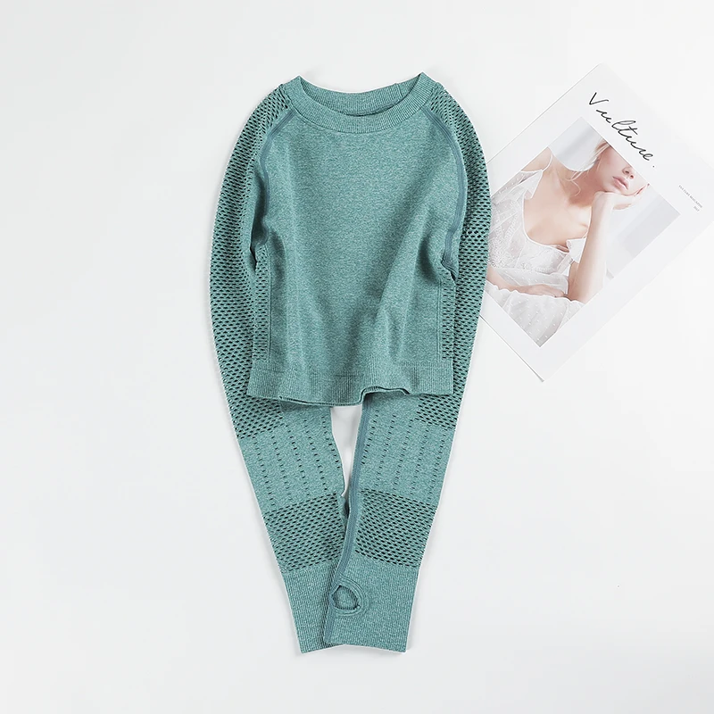 Cross-border European and American woman seamless yoga tight clothing long sleeve sports wear - Цвет: Зеленый