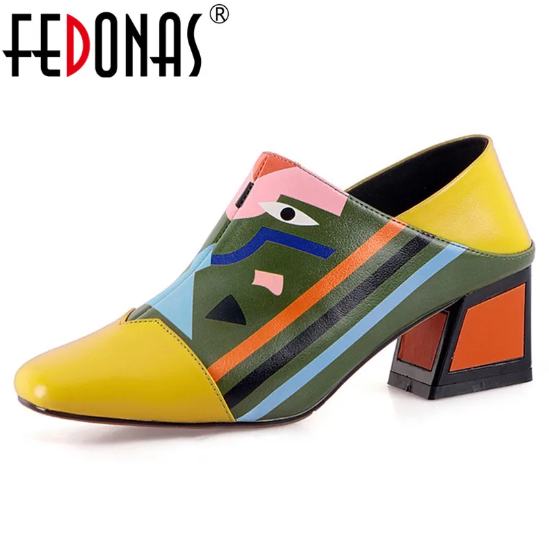 FEDONAS Fashion Prints Women Synthetic Leather High Heels Party Wedding Shoes Woman Square Toe Spring Summer Basic Pumps