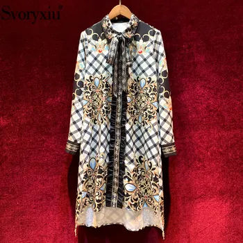 

Svoryxiu Designer Vintage Spring Summer Loose Dress Women's Fashion Long Sleeve Black Ruffles Plaid Pattern Print Dresses