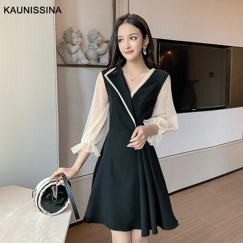 KAUNISSINA, короткие женские коктейльные платья, вечерние платья, 3/4 рукав, v-образный вырез, а-силуэт, мини, Корея, платья для выпускного вечера, черный, красный цвет