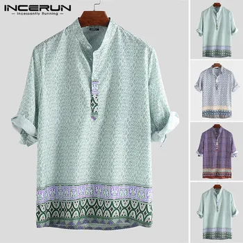 

INCERUN Men Casual Shirt Ethnic Printed 3/4 Sleeve Retro Stand Collar Vacation Hawaiian Camisa Beach Shirts Men Streetwear 2020