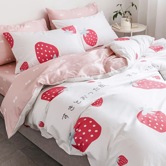 Kawaii Duvet Cover Comfortable Cotton Pink Bed Set Kawaii Store