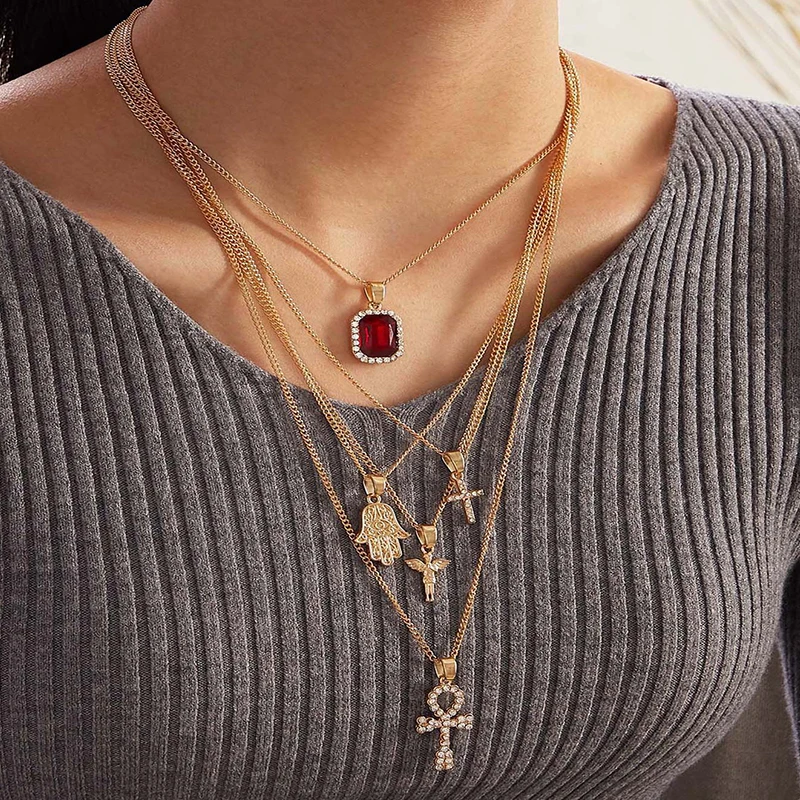 5Pcs/Set Women Fashion Necklaces Crystal Cross Angel Hand Gem Pendant Multilayer Clavicle Chain Beach Party Jewelry Gift | Женская