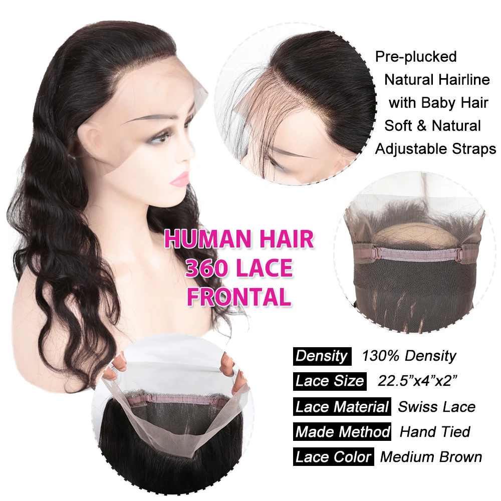 Alibaby 360, фронтальная кружевная застежка с детскими волосами, объемная волна, натуральный цвет, человеческие волосы, закрытие 8-20 дюймов, швейцарское кружево, Малазийские Волосы
