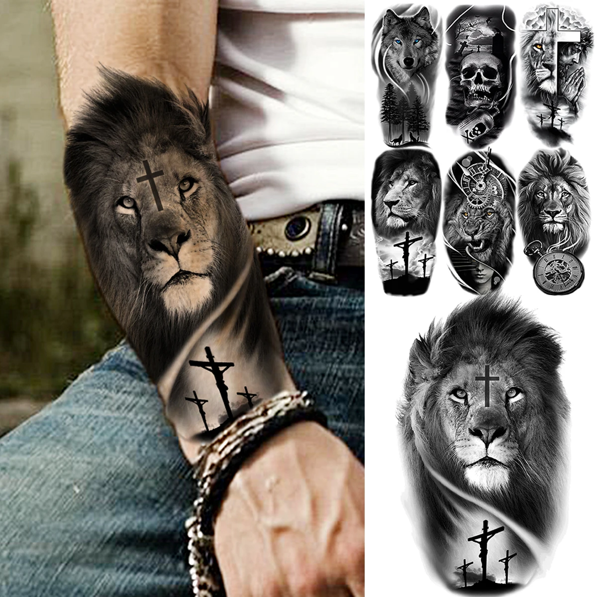 Tattoo Sticker Temporary Tattoos Realistic Lion Frontarm Cross Temporary Tattoos For Men Adult Wolf Lion Skull Compass Fake Tattoo Stylish Waterproof Tatoo Paper