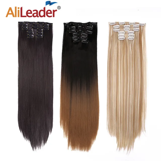 Alileader 6Pcs/Set 22" Hairpiece 140G Straight 16 Clips In False Styling Hair Synthetic Clip In Hair Extensions Heat Resistant