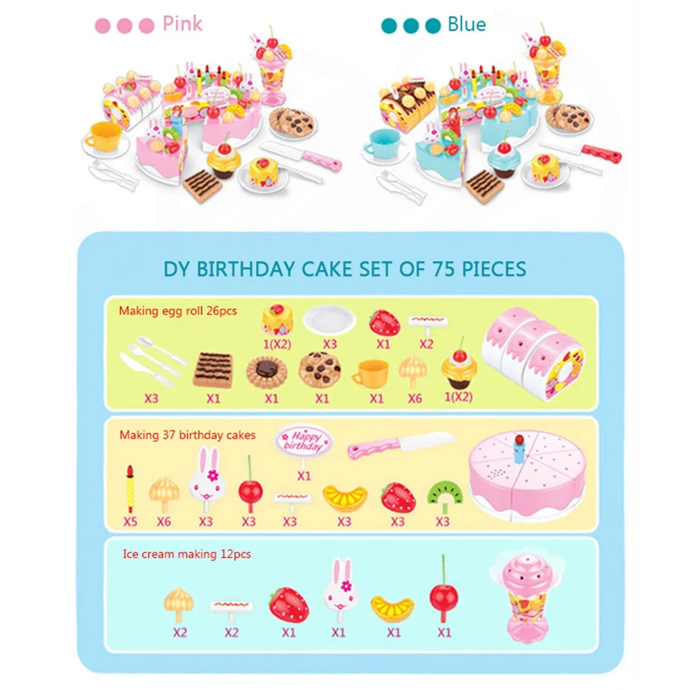 75-82 шт DIY Набор игрушек для торта, кухонная еда, ролевые игры, вырезание фруктов, игрушки для дня рождения, светильник, музыка, Детская развивающая игрушка для девочек