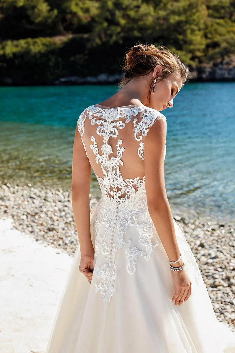 Vestido de novia белое Тюлевое платье трапециевидной формы свадебное платье элегантное платье с аппликацией из кружева, невеста, свадебное платье