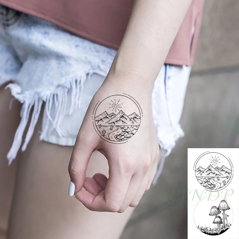 Waterproof Temporary Tattoo Sticker Sun Mountain Mushroom Flash Tatoo Fake Tatto Hand Arm Neck Body Body Art For Woman Men Temporary Tattoos Aliexpress