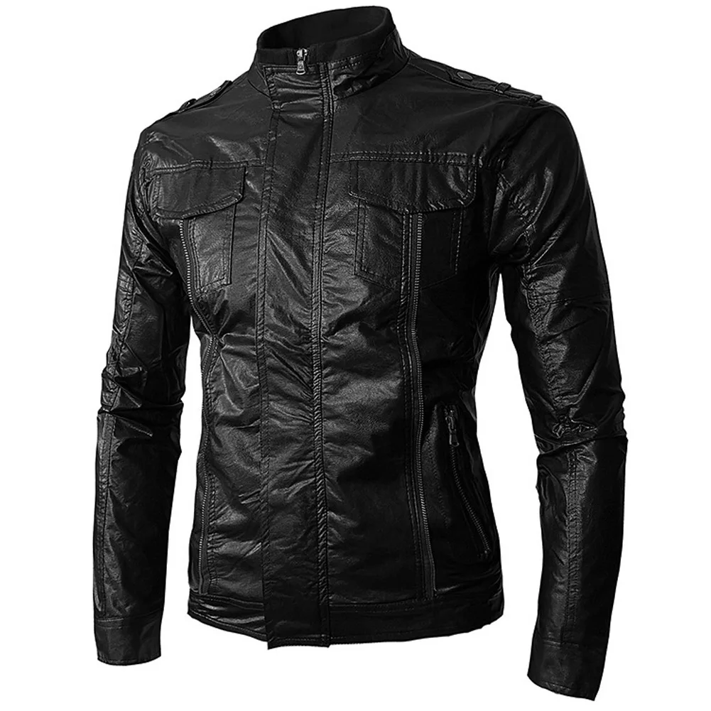 New Style Men'S Wear Stand Collar Locomotive Leather Coat Sportsman Slim Fit Stand Collar Europe And America Leather Jacket