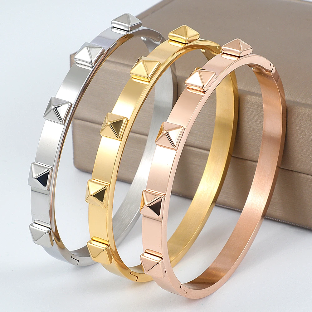 Bangle Bracelet Stainless Steel Bracelet Stainless Steel Luxury Jewelry 6mm Width 5 Pyramid Charms Bangle Gold Color Rivet Bracelet For Men Women Fashion Jewelry