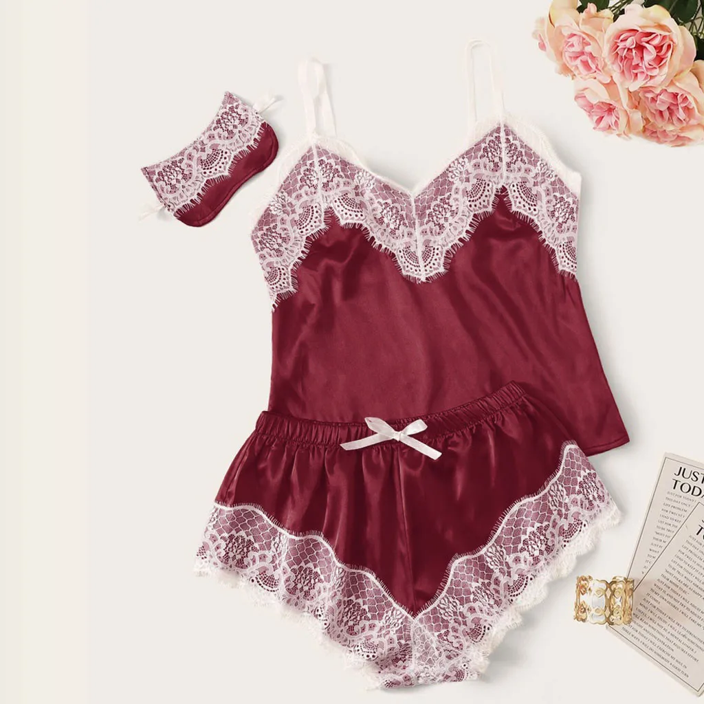 Lingerie Sexy Bra Set Women's Sleepwear Sleeveless Strap Lace Trim Satin Cami Tops Pajama Sets Bras Women Brief Sets