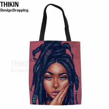 

THIKIN Tot Bag Canvas With African Women Art Design Recycle Shoping Bag Teenager Girls Capacity Foldable Cloth Bags Sac Tissu