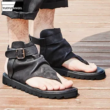 

Gladiator Buckle Sandals Men Fashion England Style Sheepskin Genuine Leather Flip Flops 2019 New Casual Beach Sandals Shoes Male