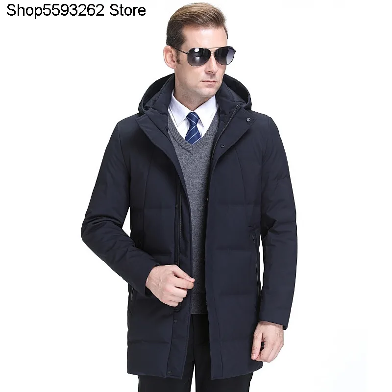 

Men Down Jacket Medium Length Money Thicken White Duck Down Lian Cap Dad Pack Middle-aged And Elderly Loose Leisure Coat Male