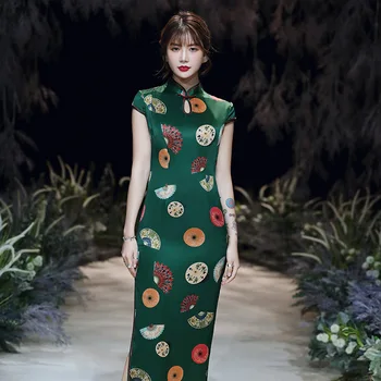 

Green Elegant Female Qipao Oversize Vestidso Traditional Mandarin Collar Satin Cheongsma Short Sleeve Sexy Chinese Dress