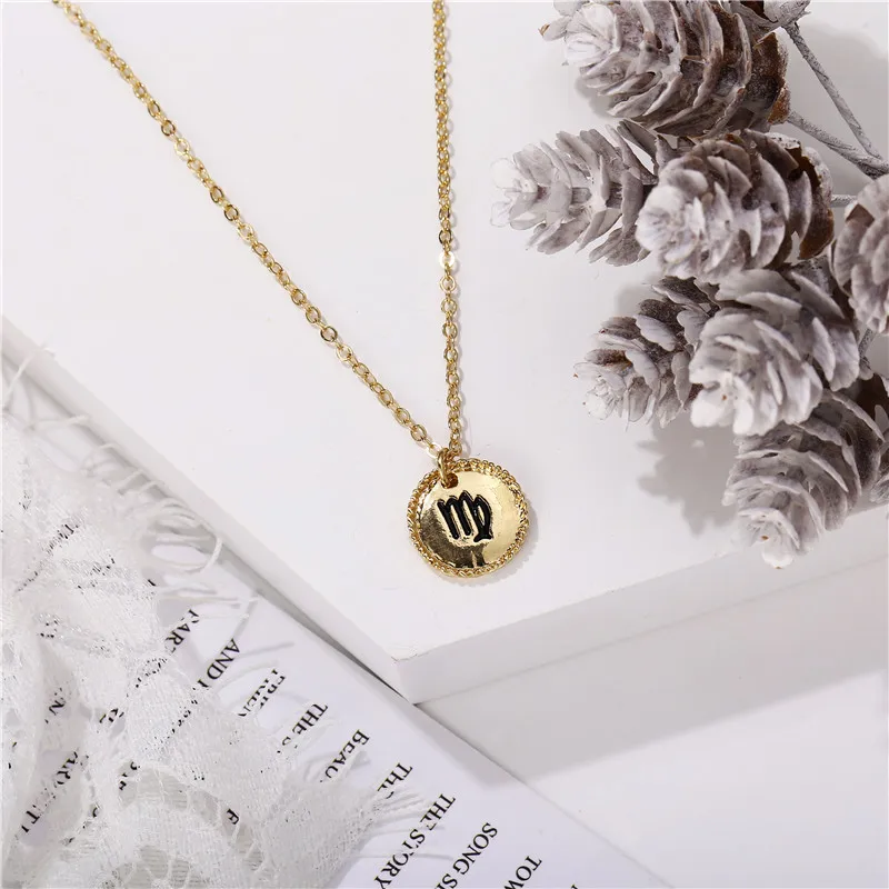 17KM 12 Constellation Star Zodiac Necklace For Women Elegant Coin Pendants Necklaces Gold Metal Choker Fashion Jewelry Gifts