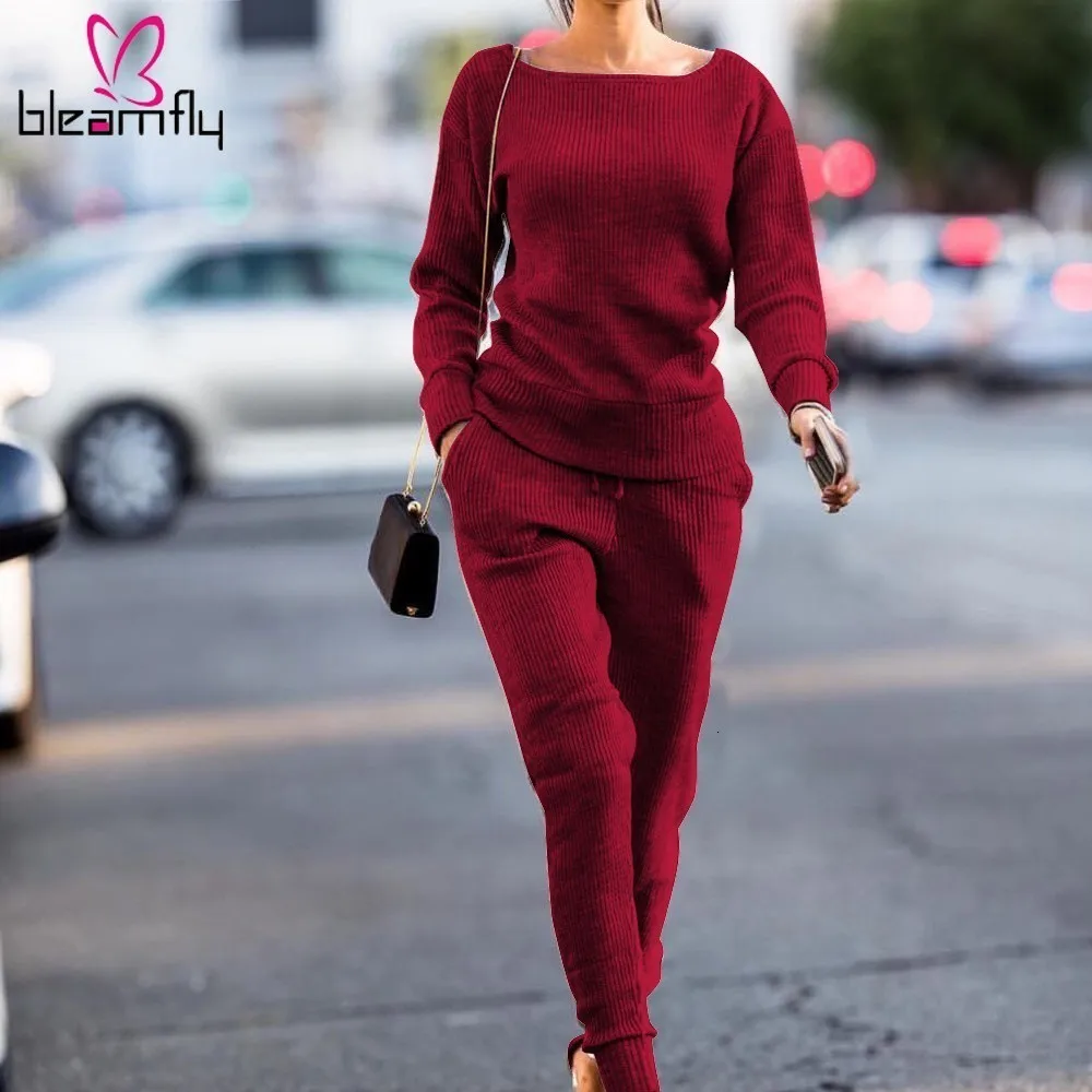 

Autumn Winter Women Knitted Two Piece Set Sweater Tops Pants Knit Long Sleeve Casual Suits Plus Size Matching Sets Outfits 2019