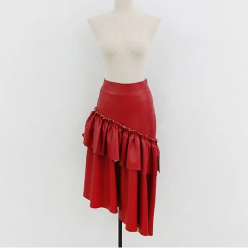 Необычные Вечерние женские юбки из искусственной кожи высокого качества, винтажная осенне-зимняя юбка с оборками и высокой талией для девушек размера плюс, красная юбка