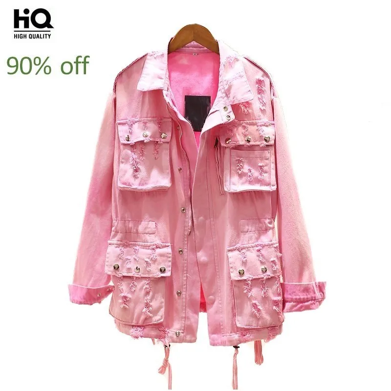 

Sweet Pink Girl Autumn Denim Coat Female Big Pockets New 2020 Top Zip Loose Fit Casual Womens Jeans Jacket Ripped Chaqueta Mujer