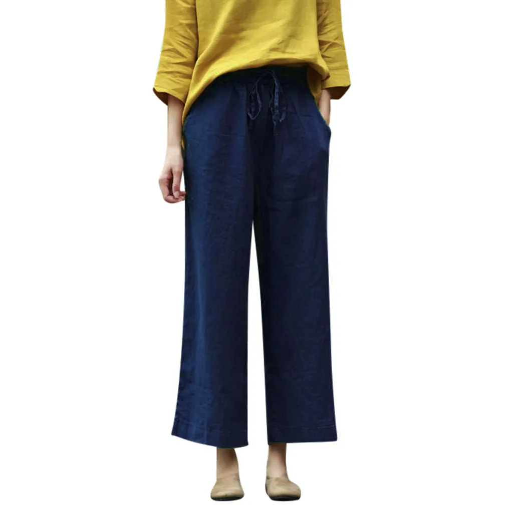 Navy Широкие брюки шаровары женские Boho Брюки повседневные осенние свободные хлопковые льняные комбинезоны брюки плюс размер неоновые однотонные - Color: Navy
