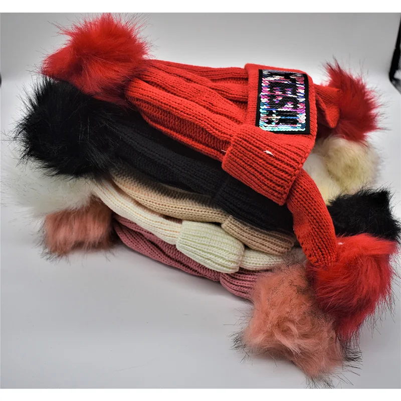 Winter Hat for Kids Girls Boys Sequin Pom pom Beanie Hat Hip Hop Bonnet Soft Knitted Cap Gorro niña lana czapka zimowa chlopiec
