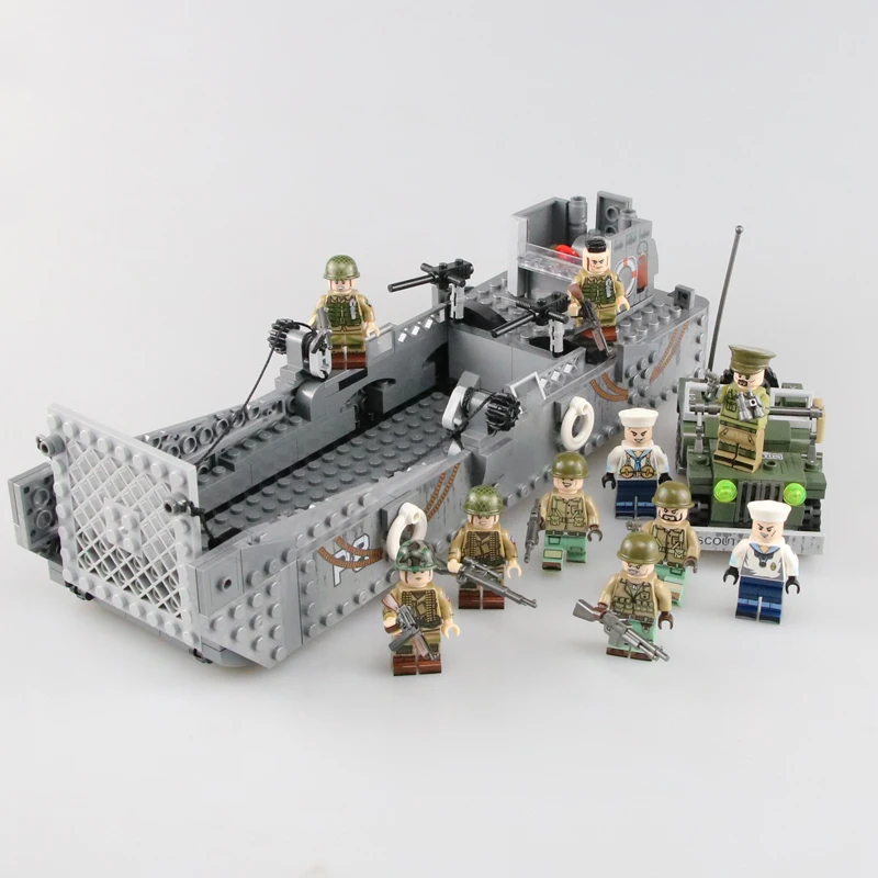  Military USA Army LCM3 Landing Boat Building Blocks WW2 Military Army Soldiers Figures Weapon gun p