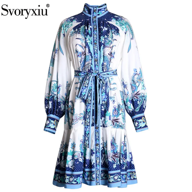 Svoryxiu Подиум осень зима винтажное платье женское фонарь рукав однобортный синий цветочный принт модные вечерние короткие платья