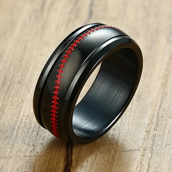 

Sports Baseball Spinner Mens Rings Stainless Steel Red Stitching Dome Style 8mm Sizes 7 To 12