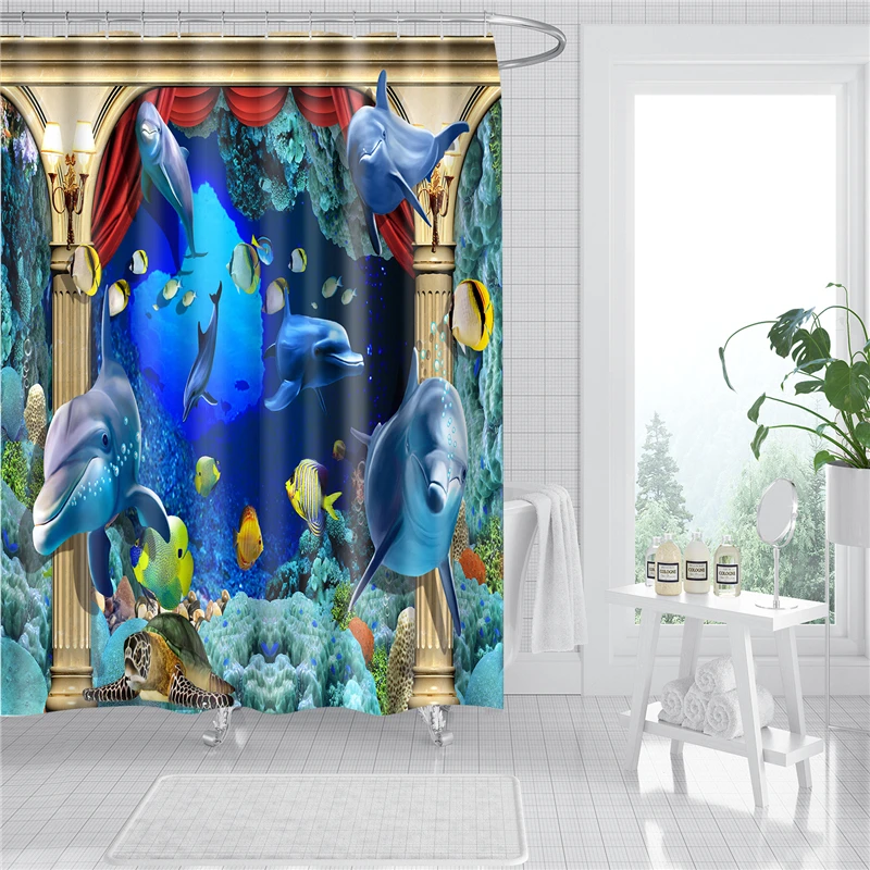 Декоративная занавеска для душа, морской пейзаж, занавеска для ванной, черепаха, подводный мир, узор, набор для ванной, с 12 крючками, DW188
