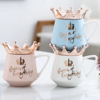 

MultiColor mugs with spoon lid Creative Crown Mug,Coffee Milk Cup Cute Ceramic Mug 300ml Capacity Water Cups X-Mas Gift