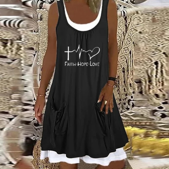 Summer Patchwork Short Dress Women 2021 Casual O Neck Pocket Party Dress Ladies Sleeveless Loose Beach Dresses Plus Size 16