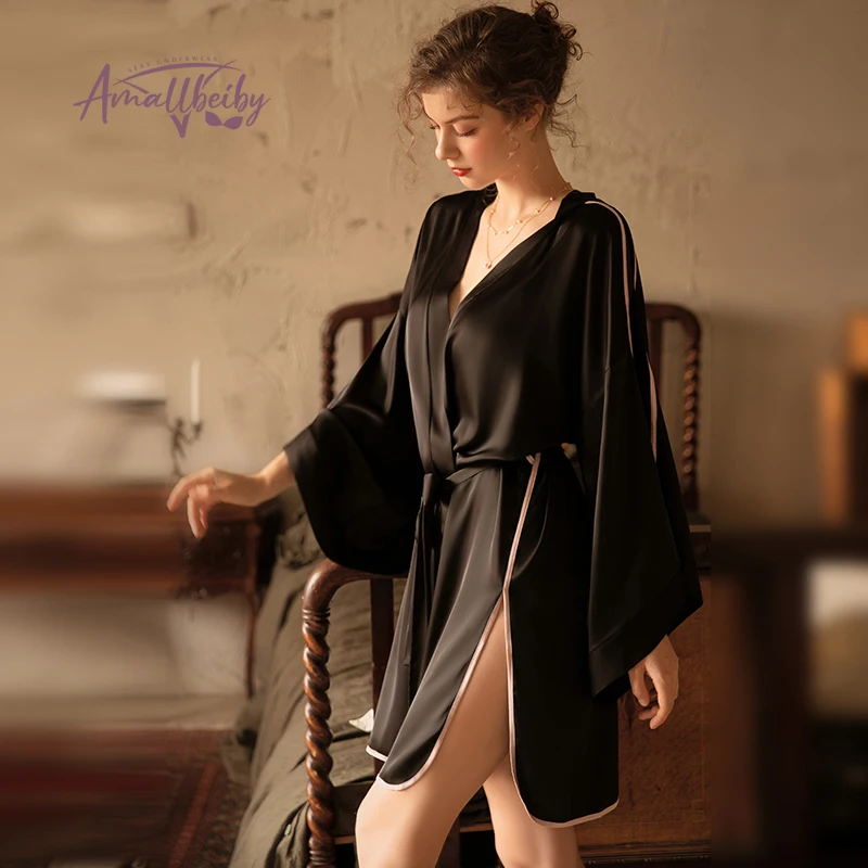 New Black White Bathrobe Bride Satin Silk Robe Women Bridal Party