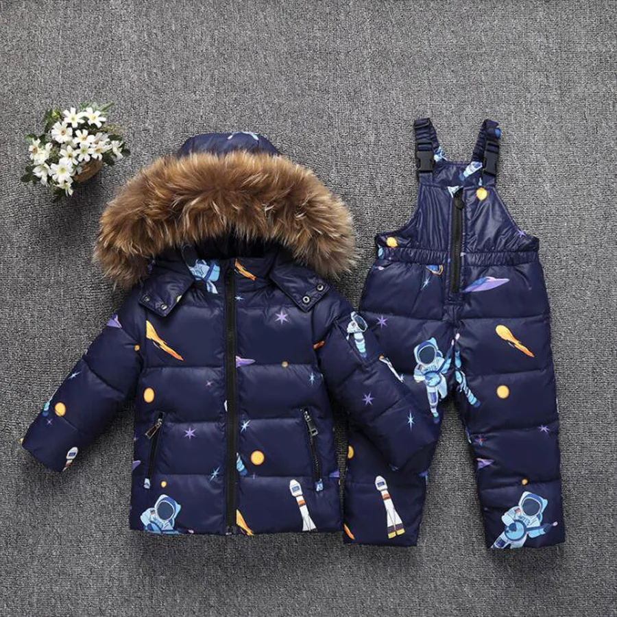 Зимний костюм для мальчиков и девочек 2, 3, 4, 5 лет одежда для детей пуховик куртка с меховым воротником с животными Детские комбинезоны толстый зимний комплект