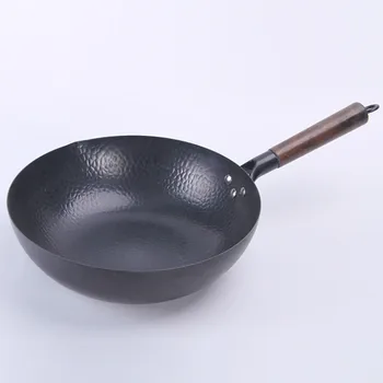 

Handmade iron pot 32cm uncoated health wok non-stick pan gas stove induction cooker universal wood cover