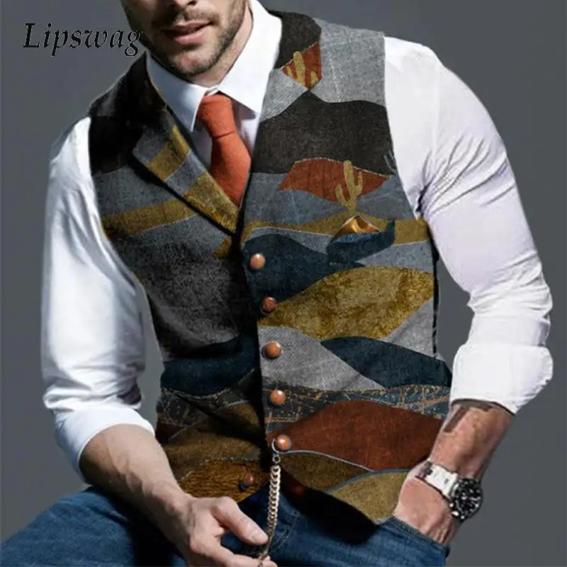 Winter Fashion Slim Fit Sleeveless Cardigan Tops Men Vintage Pattern Printed Mens Vest Blazers Autumn Casual All-match Outerwear | Мужская