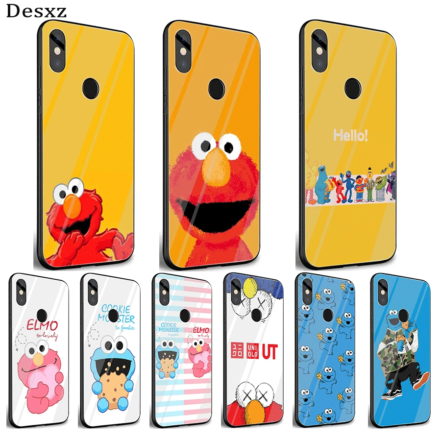 

Mobile Phone Glass Case For Xiaomi Note 5 6 7 Pro F1 A1 A2 4X 5X 6X 9 Cover TPU Cartoon Cookies Monsters Elmo Shell